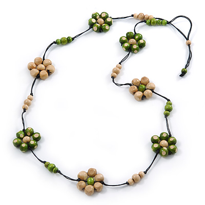 Long Cream/ Green Wooden Flower Black Cotton Cord Necklace - 110cm L