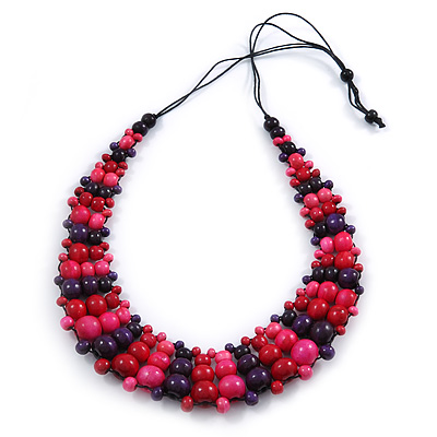 Deep Purple/ Pink/ Red/ Black Wooden Bead Black Cord Necklace - 70cm L - main view