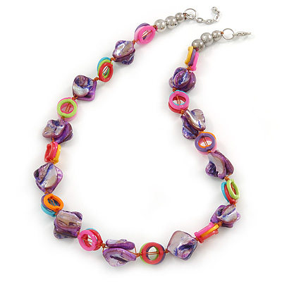 Purple Shell Nuggets with Multicoloured Acrylic Rings Necklace In Silver Tone - 52cm L/ 4cm Ext - main view