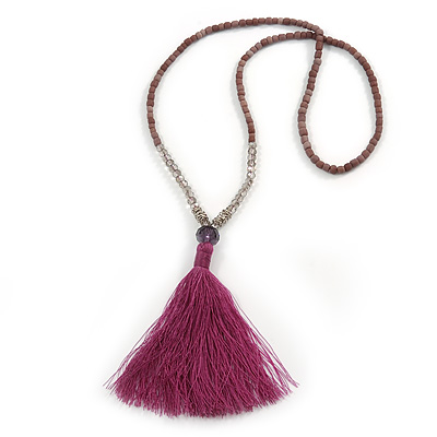 Long Stone, Glass Bead Tassel Necklace (Purple, Transparent) - 70cmL Necklace/ 13cm L Tassel - main view