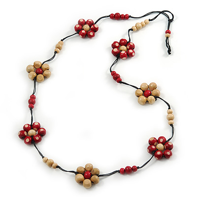 Long Cream/ Beet Red Wooden Flower Black Cotton Cord Necklace - 106cm L - main view