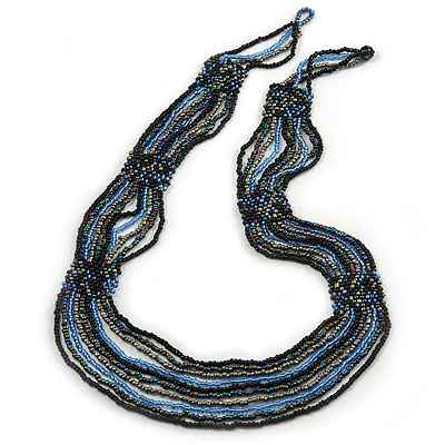 Long Multistrand Glass Bead Necklace (Black, Grey, Blue and Peacock) - 100cm L