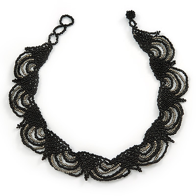 Black/ Grey Glass Bead Lacy Choker Necklace - 36cm L/ 3cm Ext - main view
