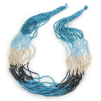 Long Multistrand Glass Bead Necklace (Peacock, Off White, Sky Blue, Pale Blue) - 78cm L - main view