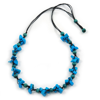 Long Blue/ Teal Wooden Bead Black Cotton Cord Necklace - 80cm L - main view