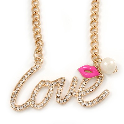 Gold Plated Clear Crystal 'Love' Necklace - 46cm L/ 6cm Ext - main view