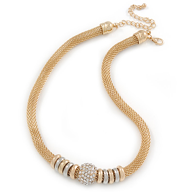 Gold Tone Mesh Necklace with Crystal Ball - 40cm L/ 9cm Ext - main view