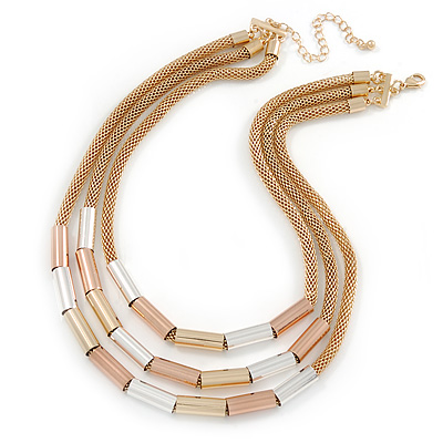 Stylish 3 Strand Layered Mesh with Metal Tunnel Beads Necklace In Gold Tone - 44cm L/ 7cm Ext - main view