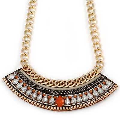 Tribal Jewelled Chain Collar Necklace In Gold Tone - 40cm L/ 5cm Ext - main view