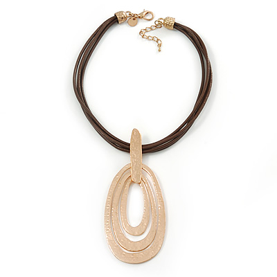 Triple Oval Pendant with Brown Leather Cords In Gold Tone - 40cm L/ 5cm Ext - main view