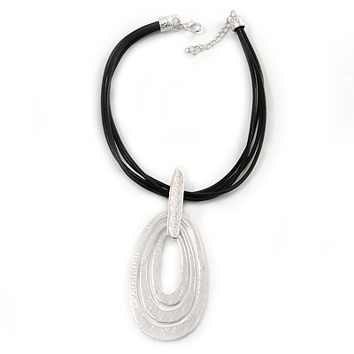 Triple Oval Pendant with Black Leather Cords In Silver Tone - 40cm L/ 5cm Ext - main view