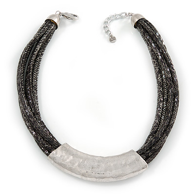 Statement Grey/ Black Snake Style Faux Leather Multi Cord Choker Necklace with Hammered Silver Tone Pendant - 43cm L/ 3cm Ext - main view