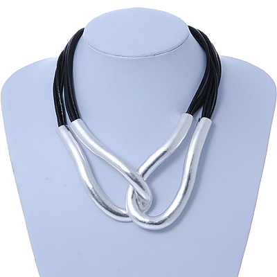 Chunky Silver Tone Double Loop Black Leather Cord Necklace - 43cm L/ 6cm Ext - main view