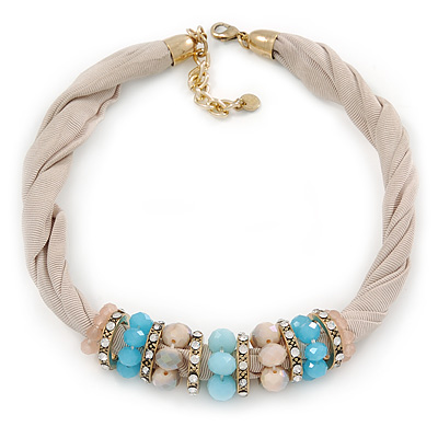 Beige Fabric Wire Choker Necklace with Light Blue/ Cream Bead and Crystal Rings In Gold Tone - 41cm L/ 5cm Ext - main view