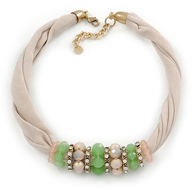 Beige Fabric Wire Choker Necklace with Light Green/ Cream Bead and Crystal Rings In Gold Tone - 41cm L/ 5cm Ext - main view