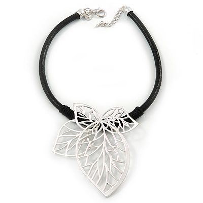 Oversized Leaf Pendant with Thick Black Leather Cord In Silver Tone - 42cm L/ 6cm Ext - main view
