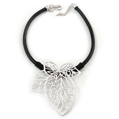 Oversized Leaf Pendant with Thick Black Leather Cord In Silver Tone - 42cm L/ 6cm Ext