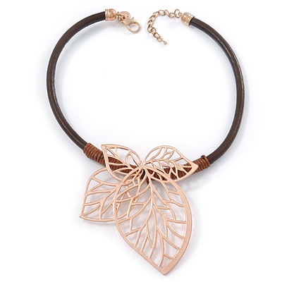 Oversized Leaf Pendant with Thick Brown Leather Cord In Gold Tone - 42cm L/ 6cm Ext