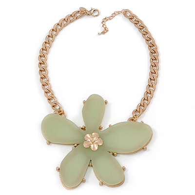 Oversized Light Green Resin Flower Pendant with Chunky Oval Link Chain In Gold Plating - 44cm L/ 5cm Ext - main view