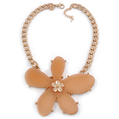 Oversized Cream Resin Flower Pendant with Chunky Oval Link Chain In Gold Plating - 44cm L/ 5cm Ext - main view