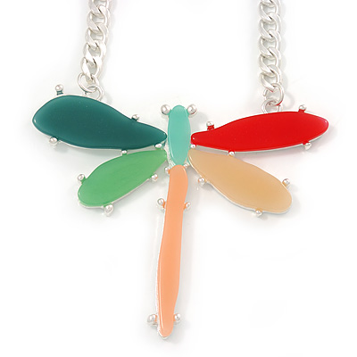 Oversized Multicoloured Resin Dragonfly Pendant with Chunky Oval Link Chain In Light Silver Tone - 52cm L/ 4cm Ext