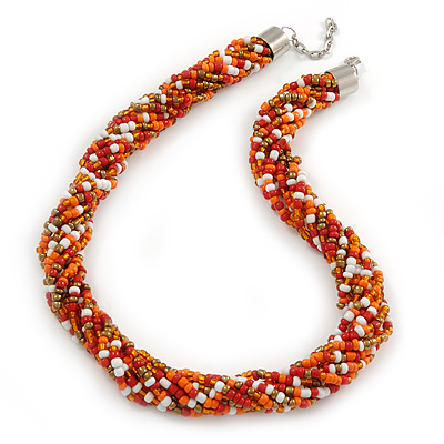 Chunky Twisted Glass Bead Necklace In Silver Tone (Orange, White, Gold, Red) - 50cm L/ 4cm Ext - main view