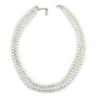 8mm Two Strand White Faux Glass Pearl Necklace - 50cm L/ 5cm Ext