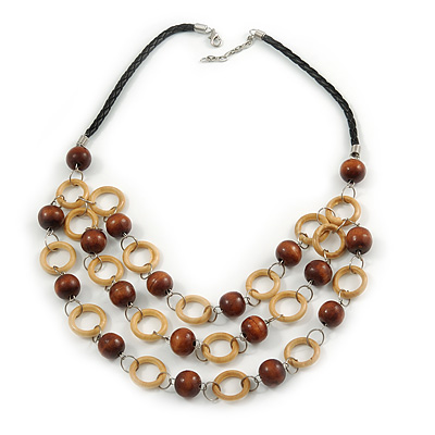 Layered Wood Bead and Ring Necklace with Faux Leather Cord - 70cm L/ 3cm Ext
