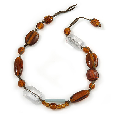 Transparent, Amber Brown Ceramic, Glass Beads Black Cord Necklace - 44cm L