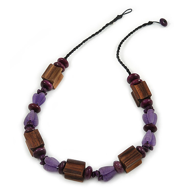 Purple/ Brown Wood, Resin Bead Cotton Cord Necklace - 64cm L - main view