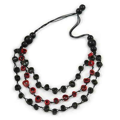 Layered Red/ Green/ Black Bone Bead Cotton Cord Necklace - 78cm L