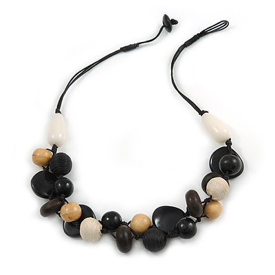 Wood, Ceramic, Cotton Cluster Bead Necklace with Black Cord - 54cm L - main view