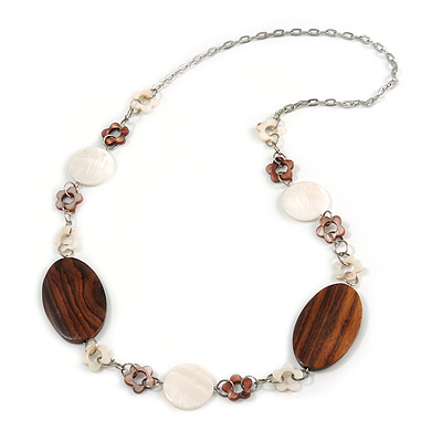 White/ Brown Shell Flowers, Oval Wood Bead Chain Long Necklace In Silver Tone - 86cm L - main view