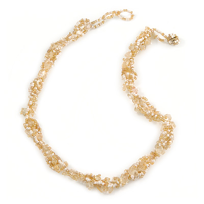 White/ Gold Glass Bead and Nugget Twisted Cluster Necklace - 41cm L/ 3cm Ext