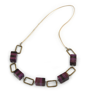 Statement Purple Wood Bead and Bronze Square Link Cord Necklace - 80cm L - main view
