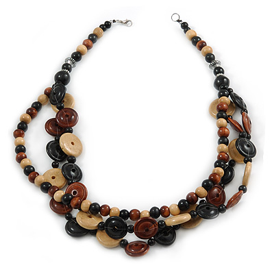 3 Strand Wood Button Bead Necklace In Brown/ Black/ Natural - 70cm L