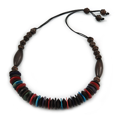 Multicoloured Wood Bead with Brown Cotton Cord Necklace - 70cm L - main view