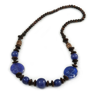 Brown Wood Purple Resin Bead Long Necklace - 76cm L - main view