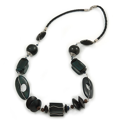 Dark Green Wood Bead Wire Detailing with Black Faux Leather Cord Necklace - 66cm L - main view