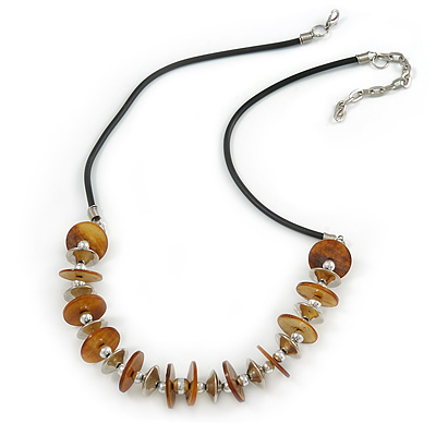 Brown Shell Coin with Silver Metal Bead Rubber Cord Necklace - 60cm L/ 7cm Ext - main view