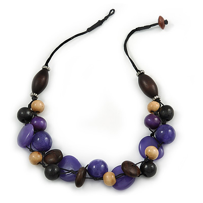Purple Resin, Black/ Brown Wood Cluster Beaded Cord Necklace - 50cm L - main view