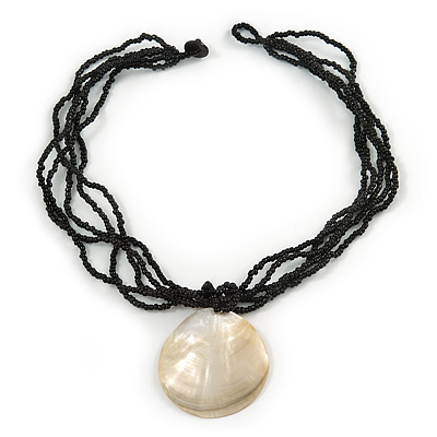 Black Glass Multistrand Necklace with Round Mother Of Pearl Pendant - 43cm L - main view