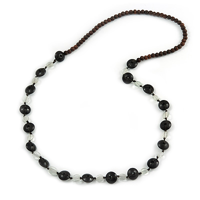Black Wood Button and Transparent Glass Coin Beads Necklace - 88cm L