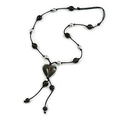 Black Glass Heart Pendant on Black Cotton Cord with Ceramic and Metal Beads Necklace - 66cm Long/ 15cm Tassel - main view