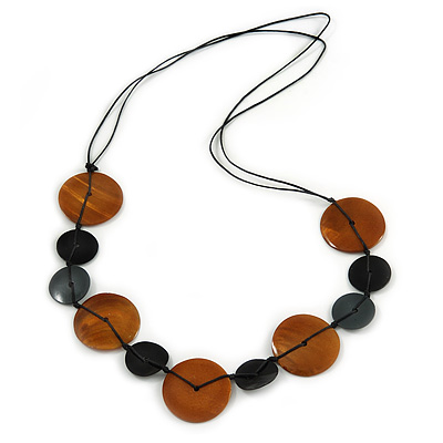 Brown/ Black Coin Shape Shell Bead Cord Necklace - 76cm L - main view
