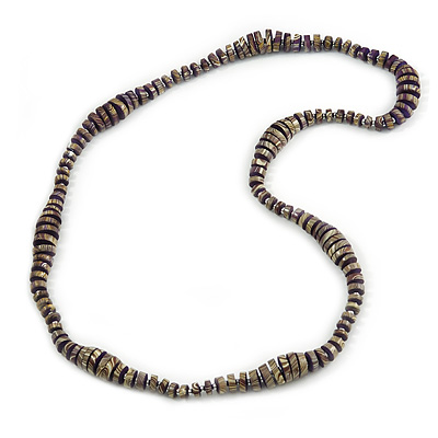 Long Wood Bead Necklace in Purple/ Gold Colour - 106cm L - main view