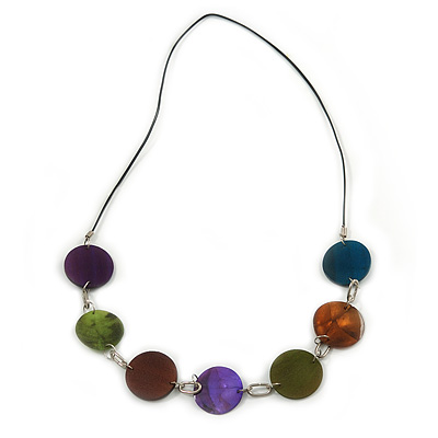 Multicoloured Wood/ Shell Disk with Leather Style Cord Necklace - 76cm L - main view