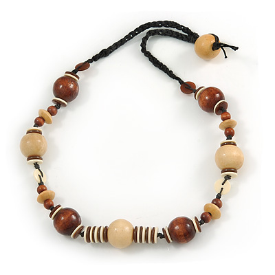 Stylish Brown/ Natural Wood and Acrylic Bead With Black Cotton Cord Necklace - 60cm L - main view