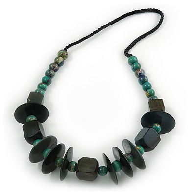 Green Wood Bead with Cotton Cord Necklace - 60cm L