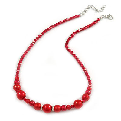 Classic Bright Red Glass Bead with Crystal Ring Necklace - 60cm L/ 5cm Ext - main view